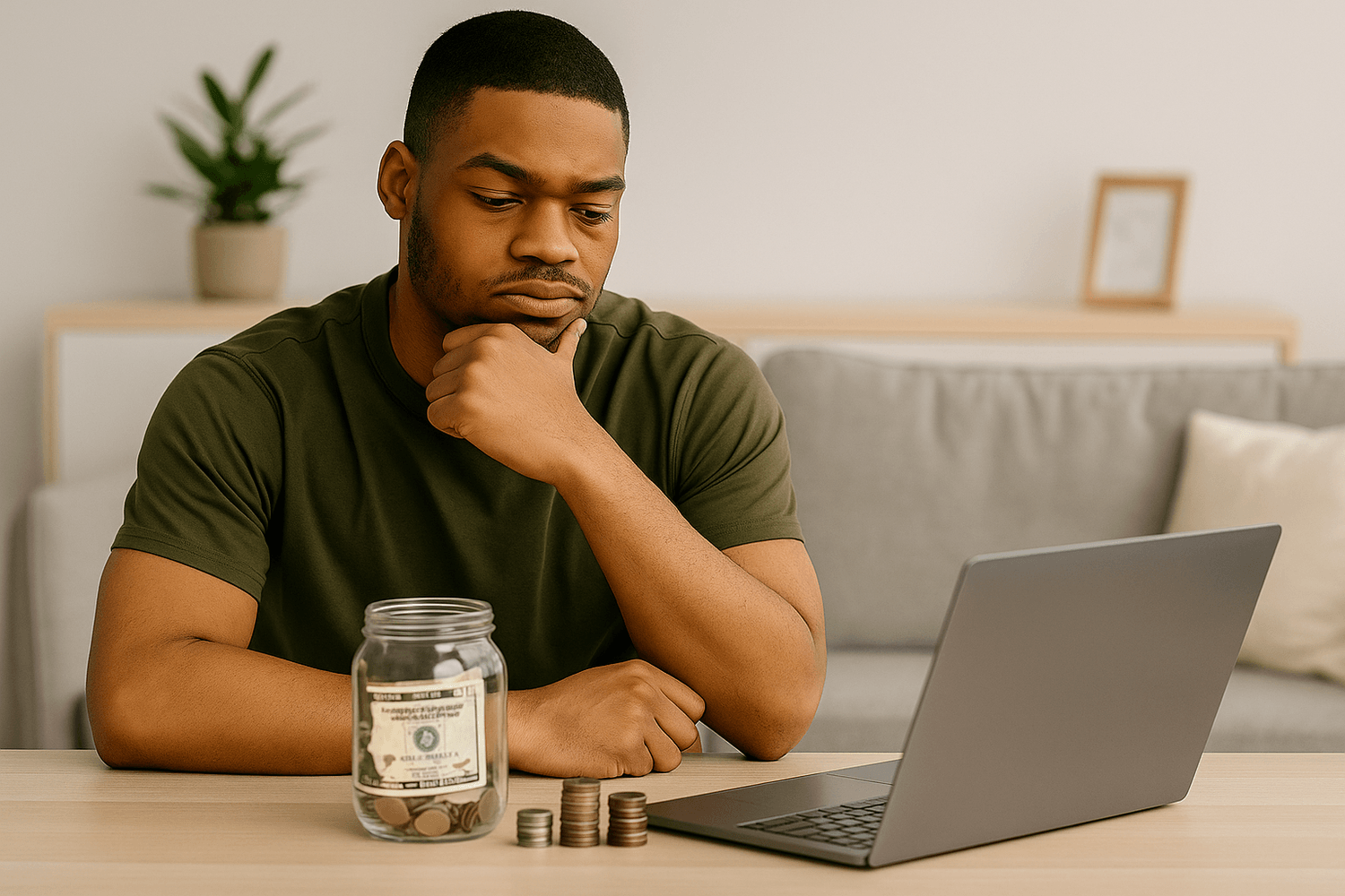 Young man sitting at a desk with a laptop, looking thoughtful beside a jar of savings and stacked coins, symbolizing budgeting, investing decisions, and financial planning.