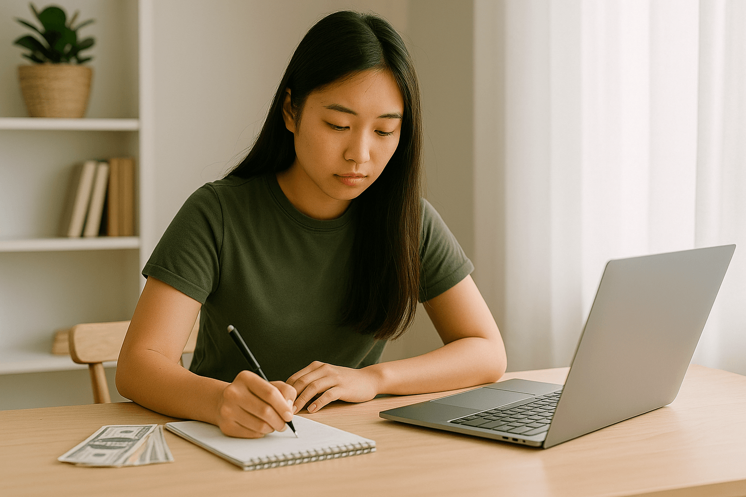 Young woman writing in a notebook while working on a laptop at home, with cash on the table, symbolizing budgeting, savings planning, and financial discipline.