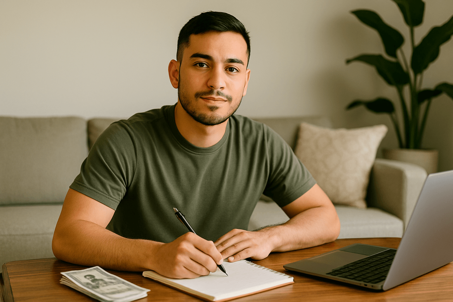 Young man sitting at a table with a notebook, laptop, and cash, writing notes and looking confident, symbolizing financial planning and money management.