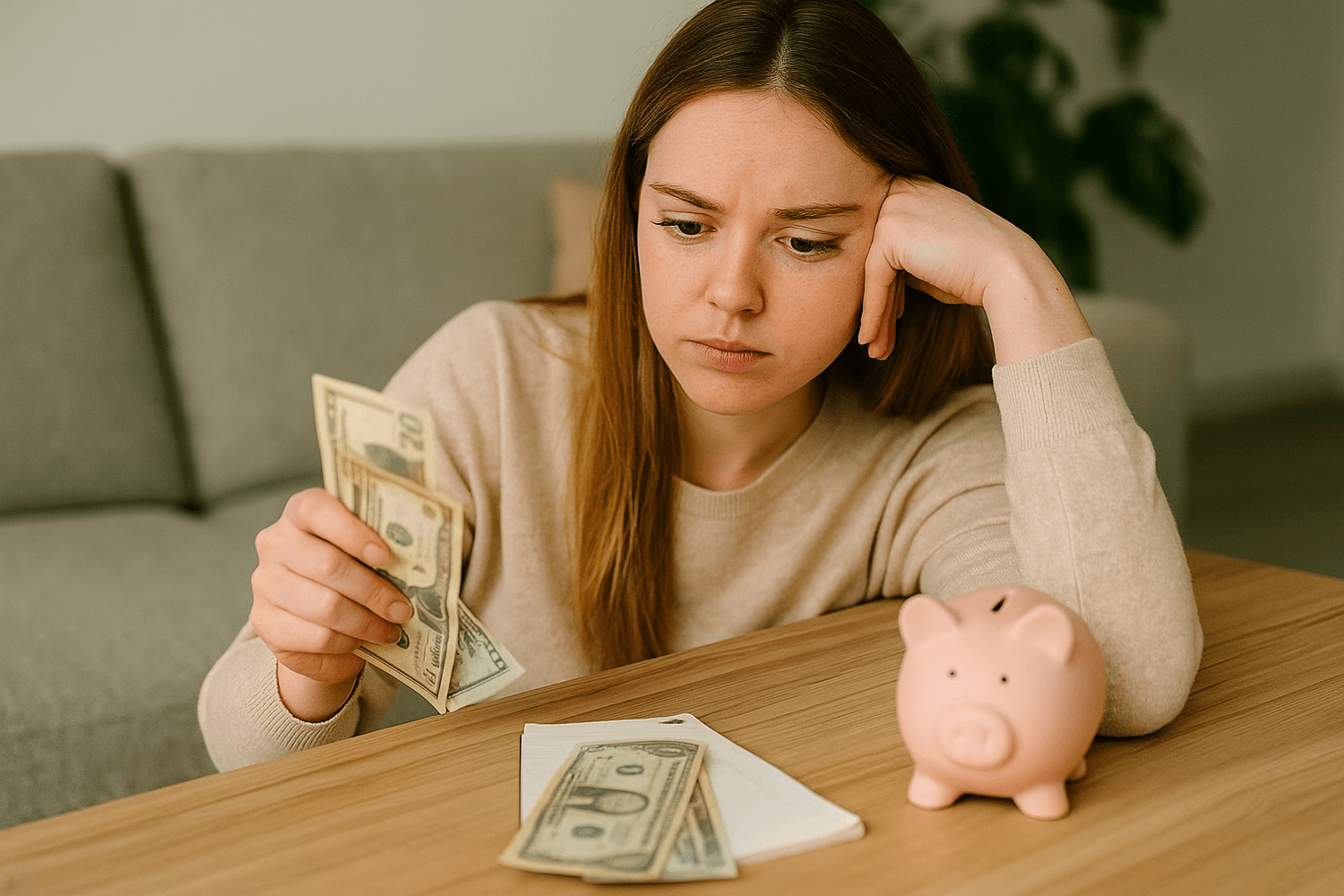 Concerned young woman sitting at a table counting cash with a piggy bank and notepad nearby, symbolizing financial stress, budgeting challenges, and money management