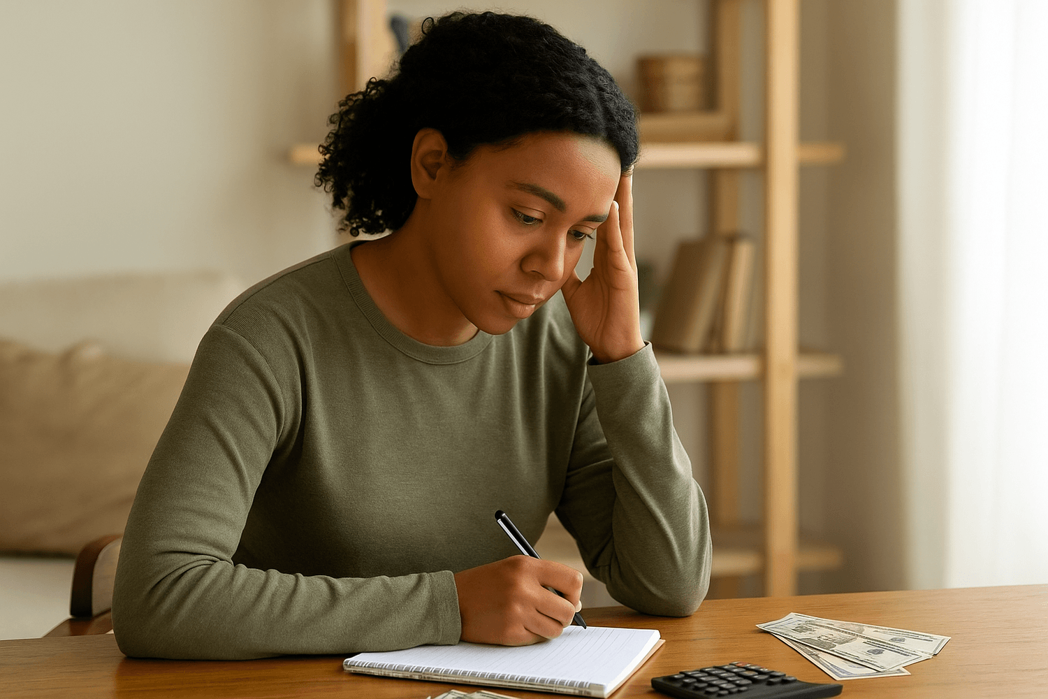 Woman sitting at a table with a notebook, calculator, and cash, holding her head with concern while budgeting and managing personal finances.