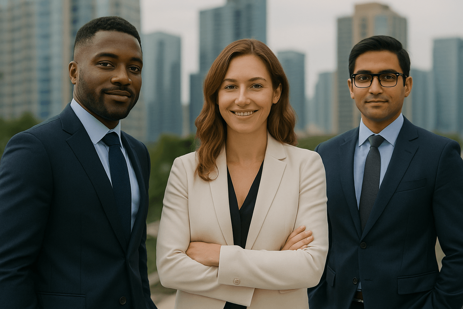 Three confident business professionals standing together outdoors with city skyscrapers in the background, symbolizing teamwork, leadership, and career success.