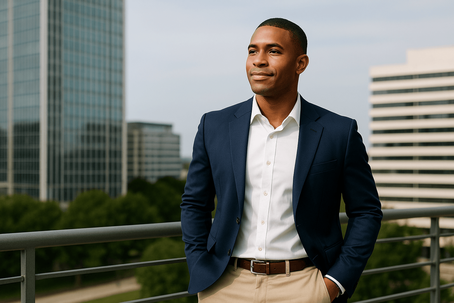 Confident young professional in a navy blazer and white shirt standing outdoors on a balcony with city office buildings in the background, symbolizing career growth and financial success.