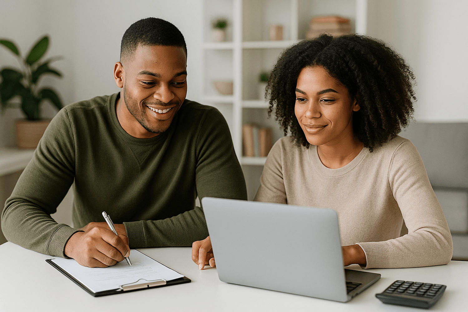 Smiling couple working together on finances at home, using a laptop and writing notes on a clipboard with a calculator on the table.