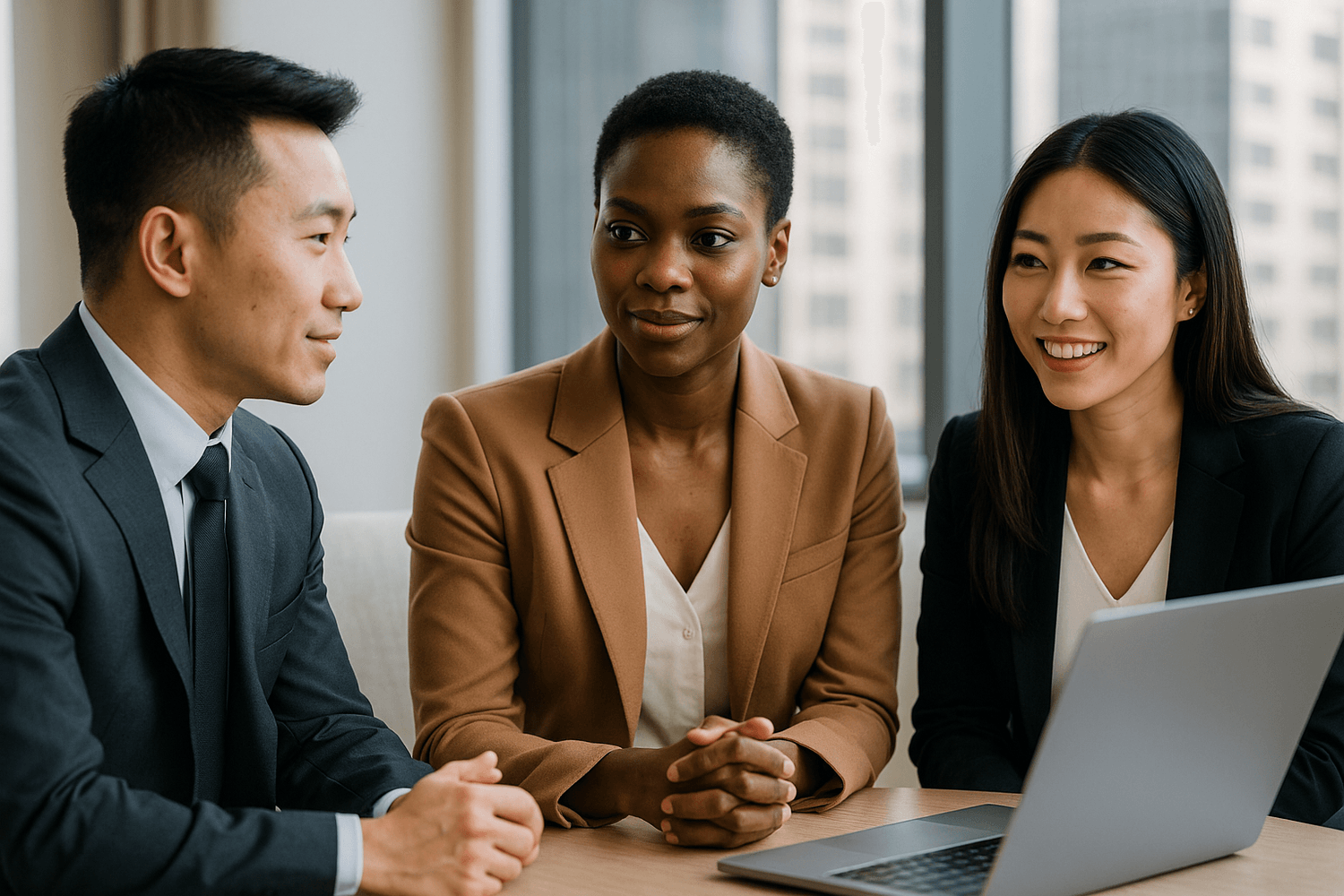 Three business professionals sitting at a desk with a laptop, engaged in a meeting and discussing financial strategies in a modern office.