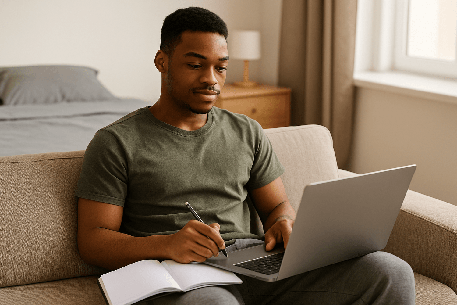 Young man sitting on a couch using a laptop and notebook, studying and managing finances from home.