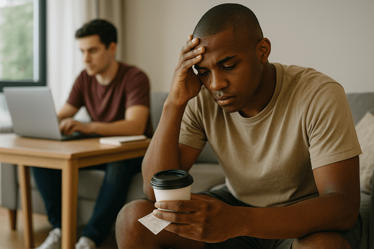 Young man sitting on a couch looking stressed while holding a receipt and coffee, worried about expenses, with a roommate working on a laptop in the background.