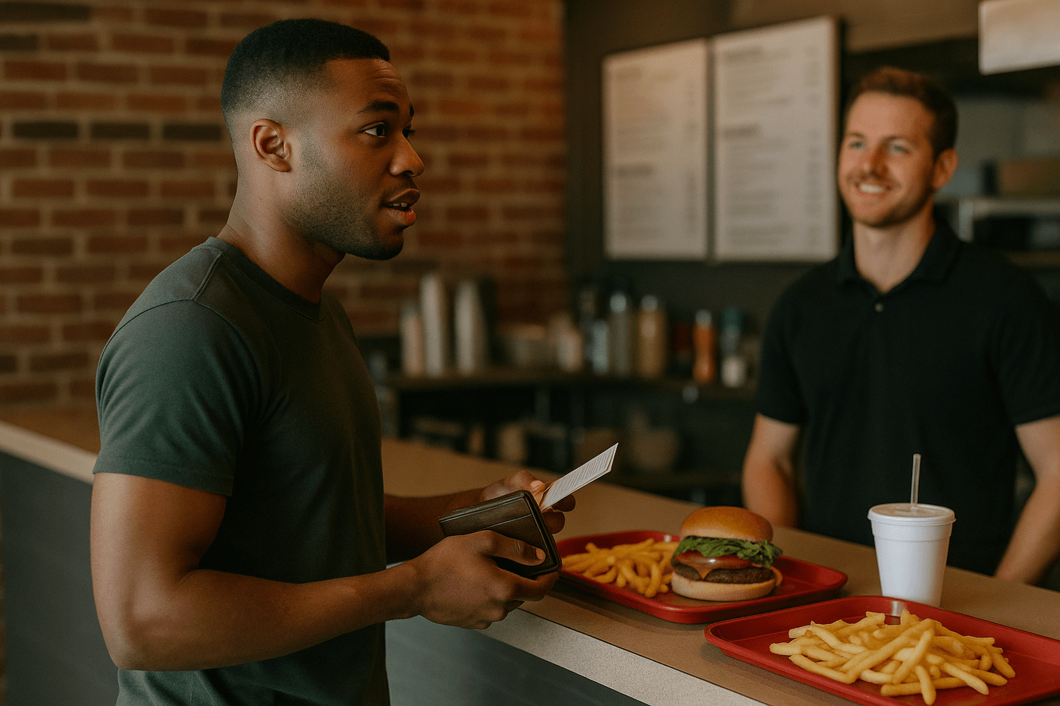 Man holding a wallet and receipt while ordering fast food at a restaurant counter, with burgers, fries, and a drink on trays in front of him.
