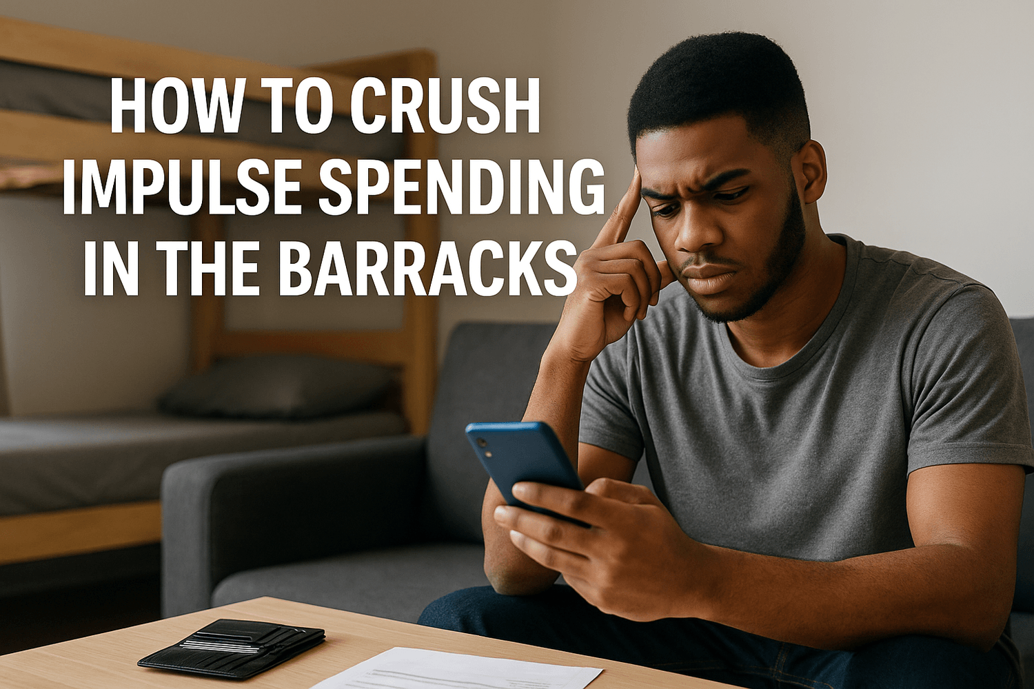 Soldier sitting in the barracks looking concerned while checking his phone, with wallet and bills on the table, illustrating impulse spending struggles.