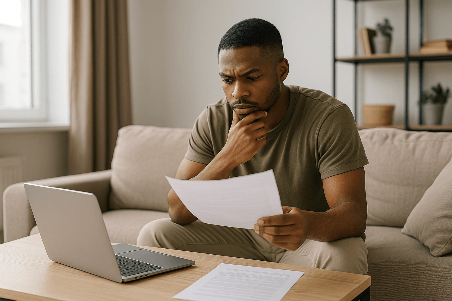 Man sitting on a couch reviewing financial documents with a laptop open on the table, focused on managing expenses and budgeting.