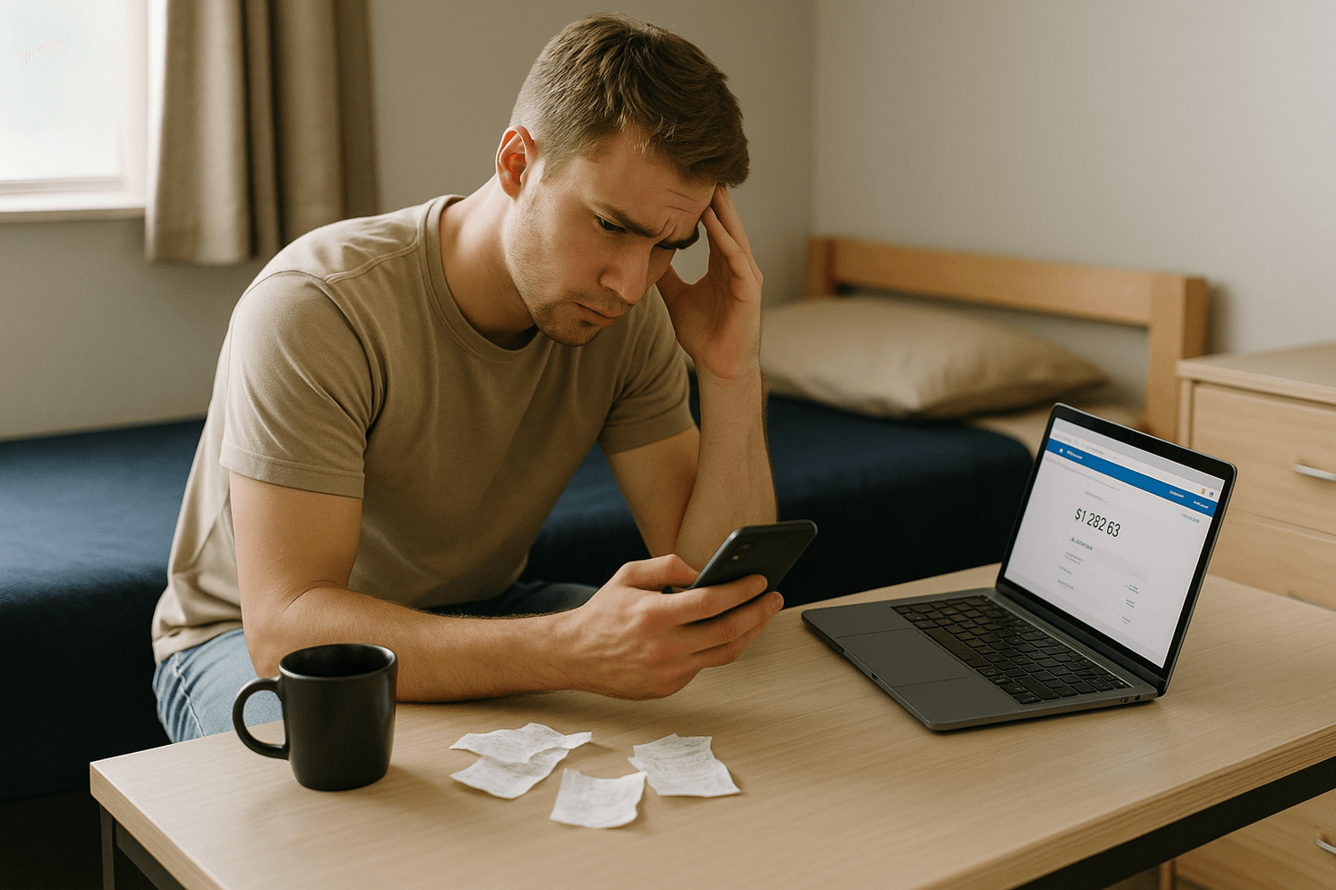 Man sitting on a couch reviewing financial documents with a laptop open on the table, focused on managing expenses and budgeting.