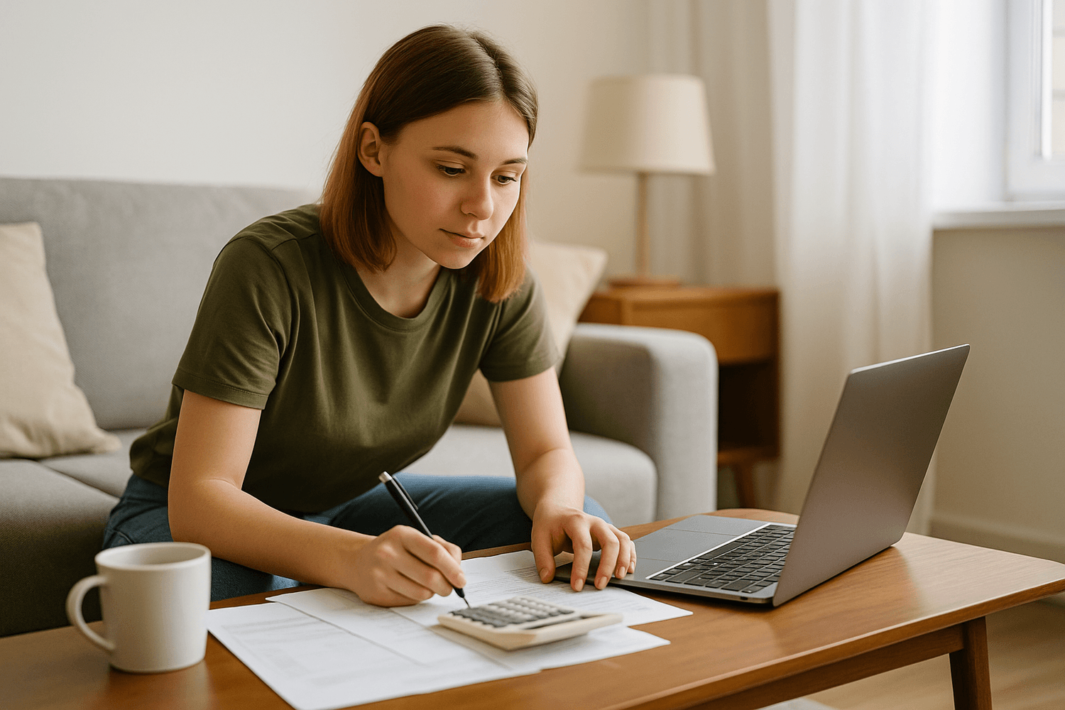 Young woman sitting at a table with a laptop, calculator, and paperwork, budgeting and tracking expenses at home.