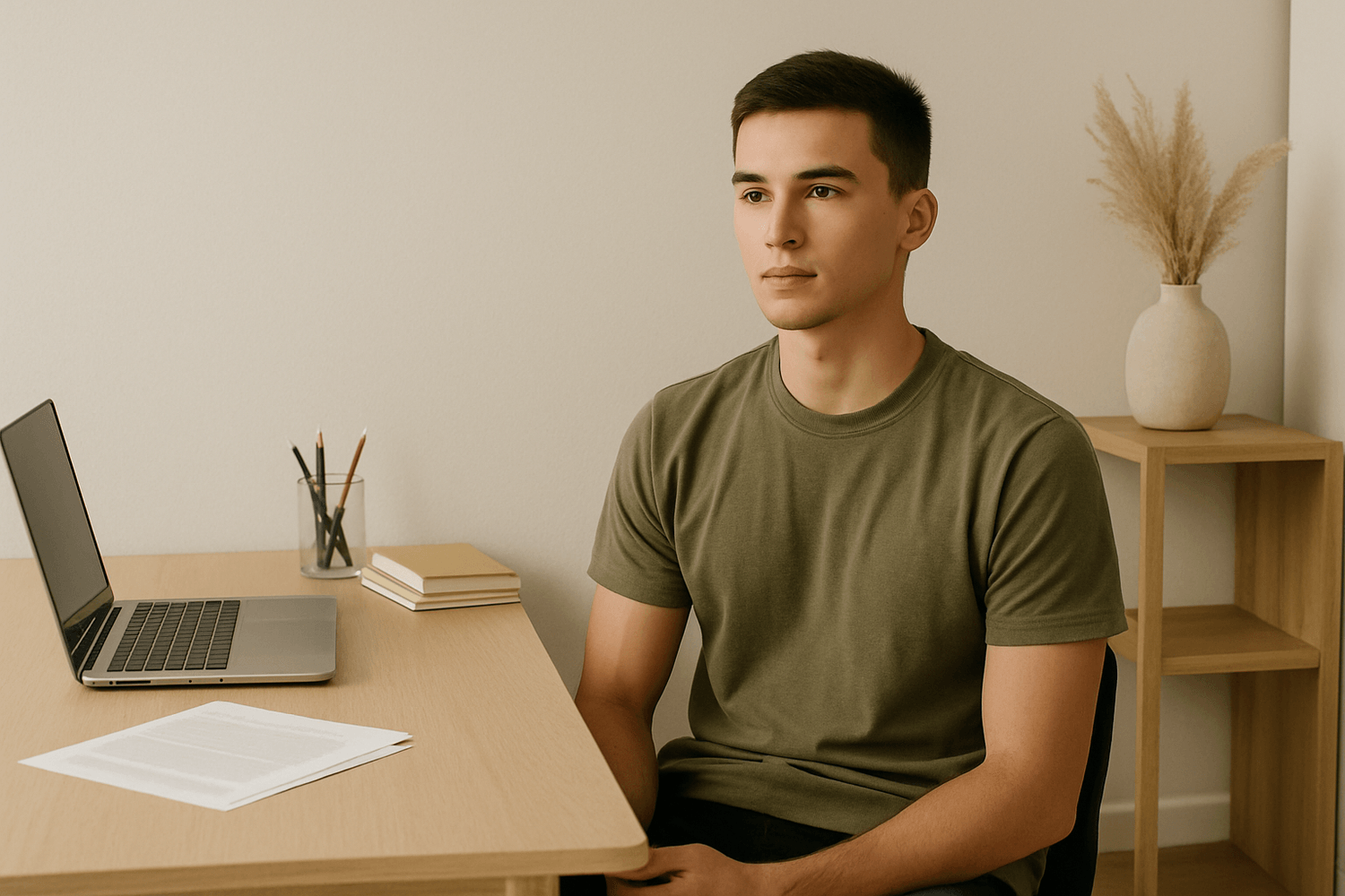 Soldier in the barracks sitting at a desk with a laptop and paperwork, reflecting on budgeting and financial planning while serving.