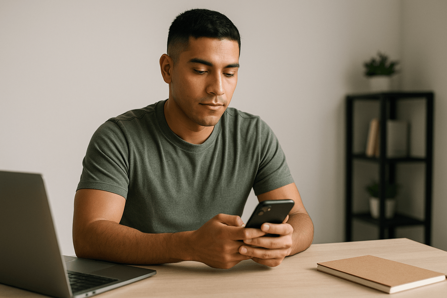 Soldier sitting at a desk in the barracks using his phone with a laptop nearby, managing money and tracking finances online.