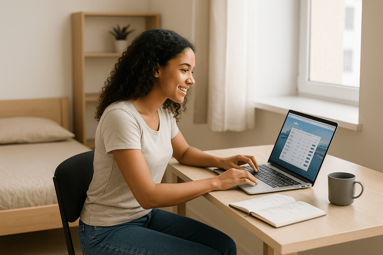 Female soldier in the barracks smiling while using a laptop to track expenses and manage her budget online, with a notebook and coffee cup on the desk.