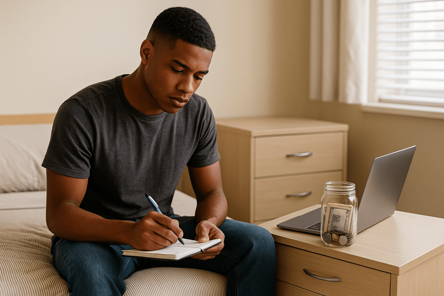 Soldier sitting on a bed in the barracks writing in a notebook with a laptop and a jar of savings beside him, planning his budget and building financial discipline.