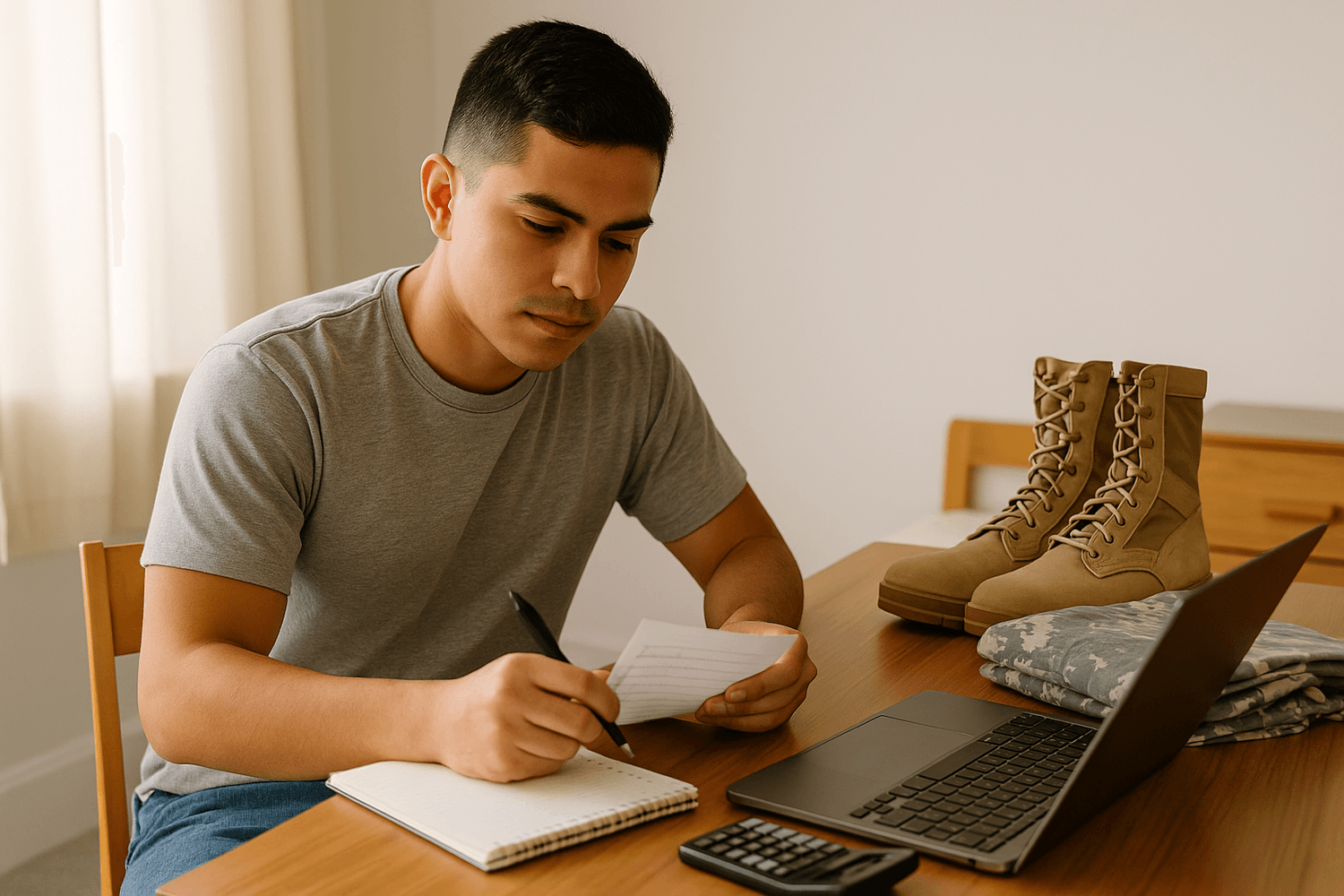 Soldier in the barracks sitting at a desk with a laptop, calculator, and notebook, reviewing expenses and planning his budget with uniform and boots nearby.