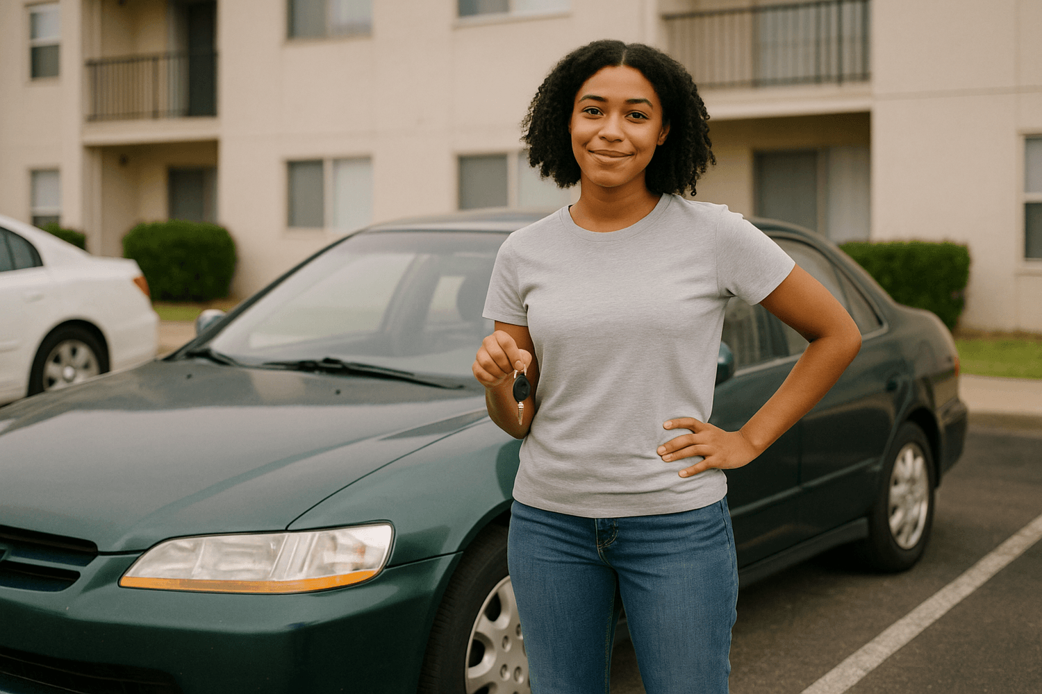 Soldier standing outside the barracks holding car keys and smiling proudly in front of her parked car, representing smart financial choices and independence while serving.