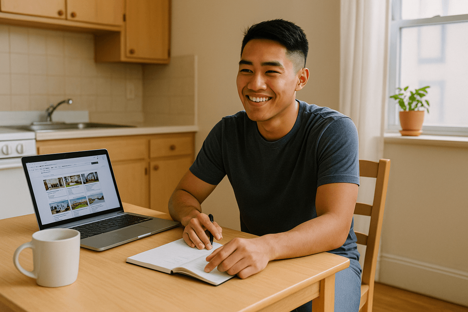 Soldier sitting at a kitchen table smiling while planning finances with a notebook and laptop open, researching housing and budgeting options online.