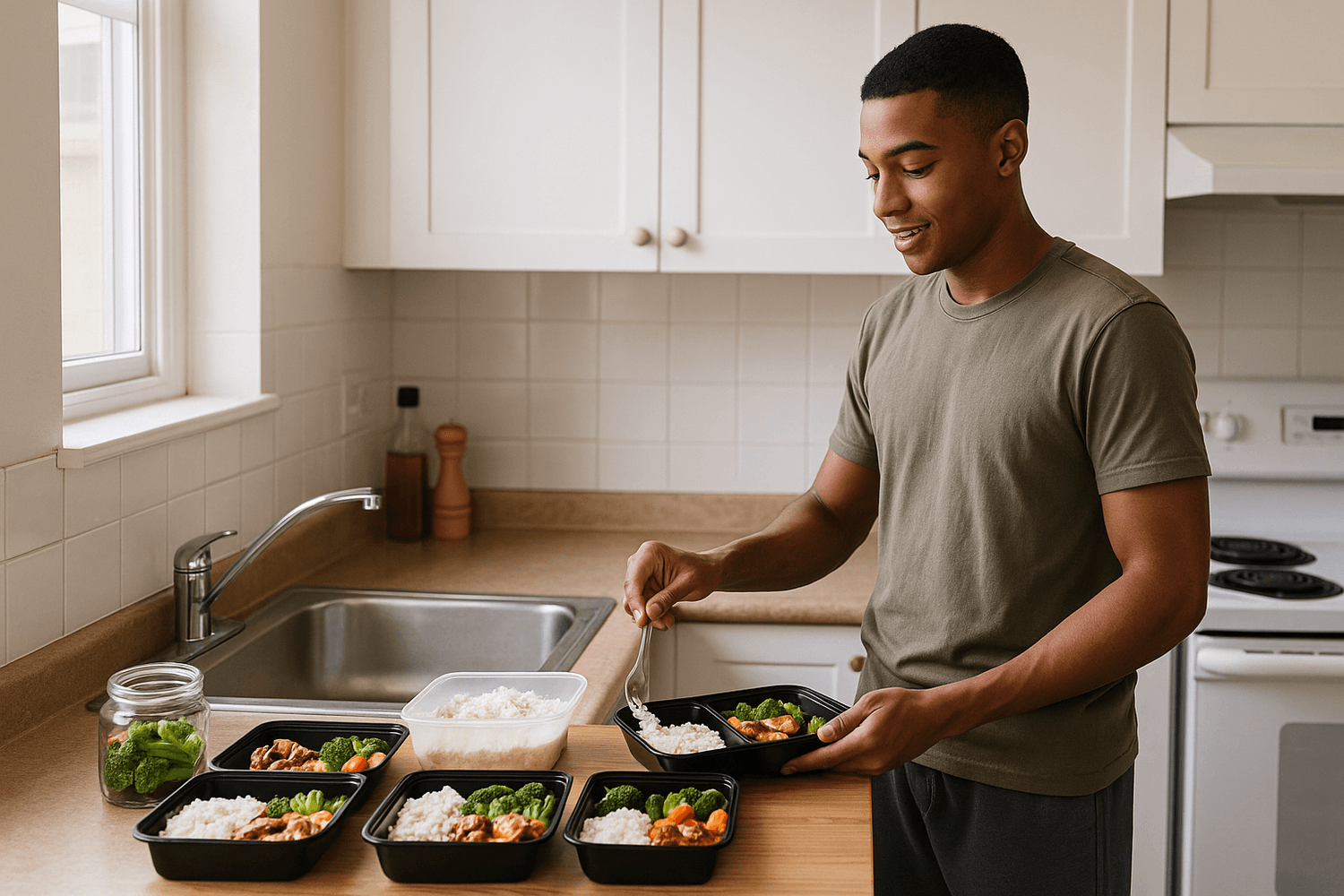 Soldier meal prepping in the barracks kitchen, portioning rice, chicken, and vegetables into containers to save money and stay disciplined with food budgeting.