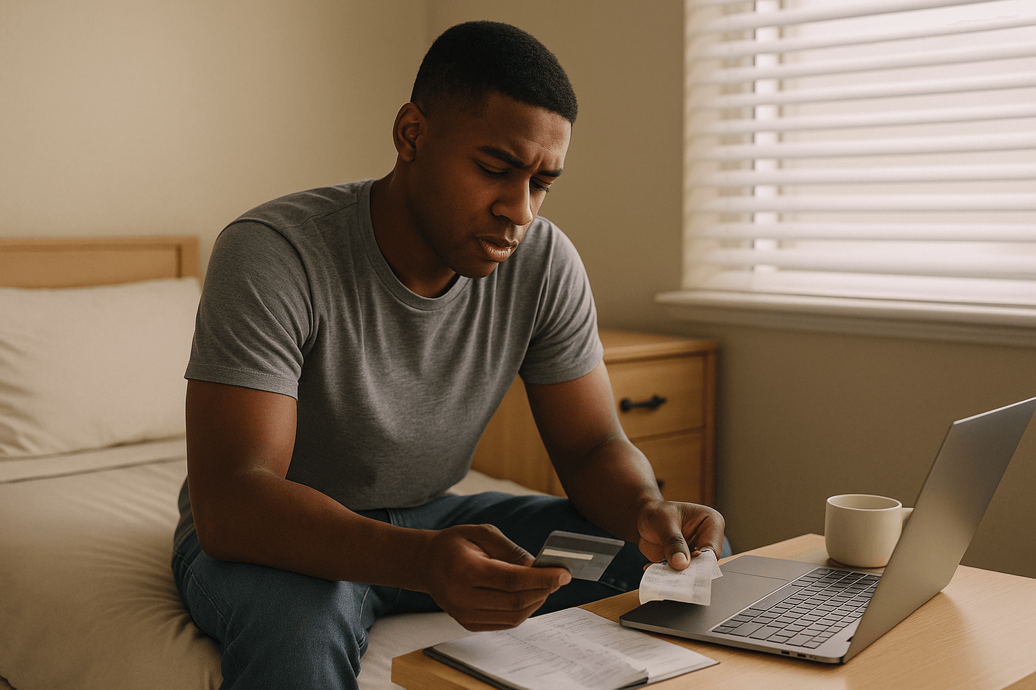 Soldier sitting on a bed in the barracks looking stressed while holding a credit card and receipt in front of a laptop, managing debt and expenses.