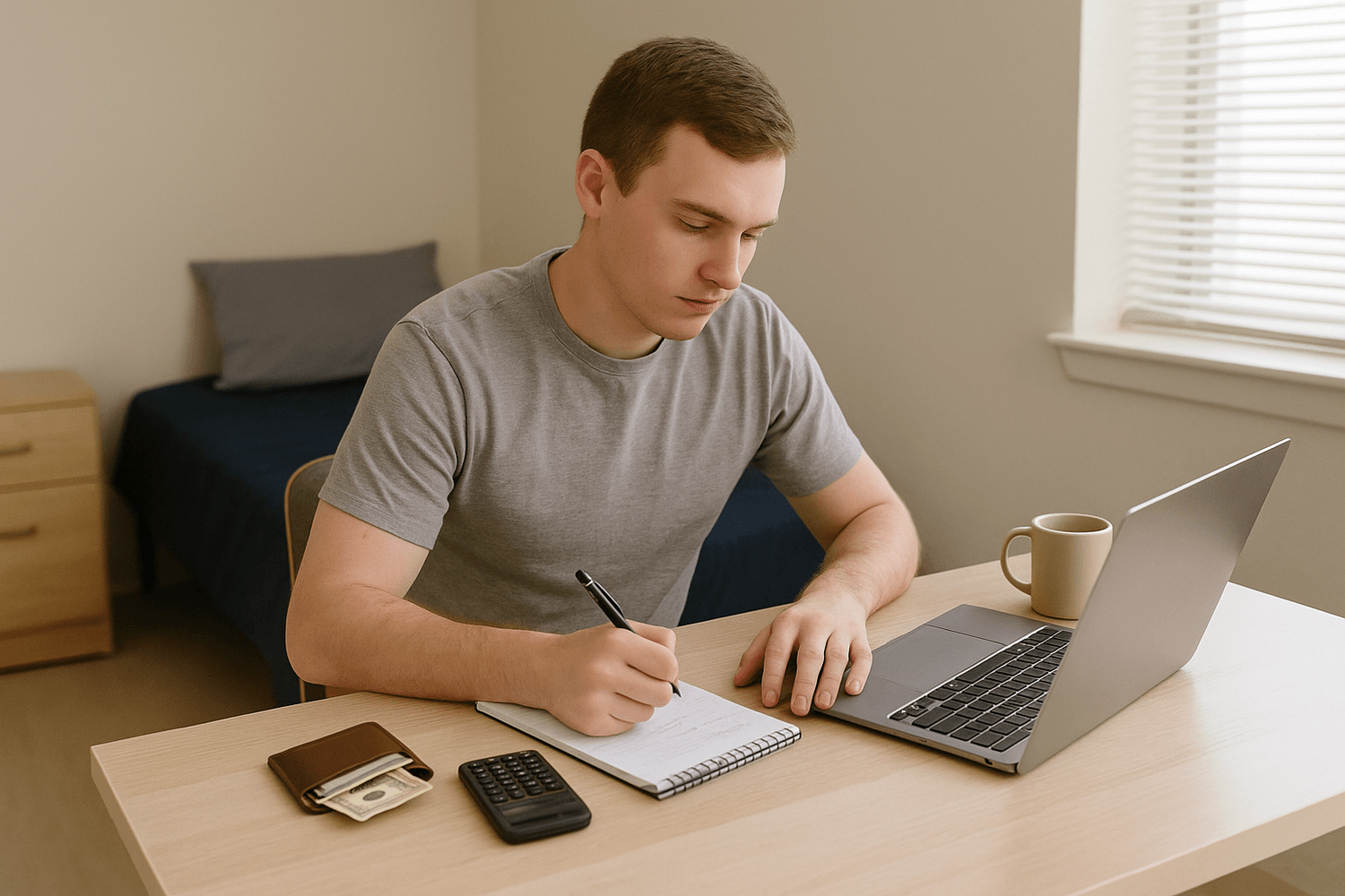 Soldier in the barracks writing in a notebook with a laptop, calculator, and wallet on the desk, focused on budgeting and tracking expenses to build financial discipline.