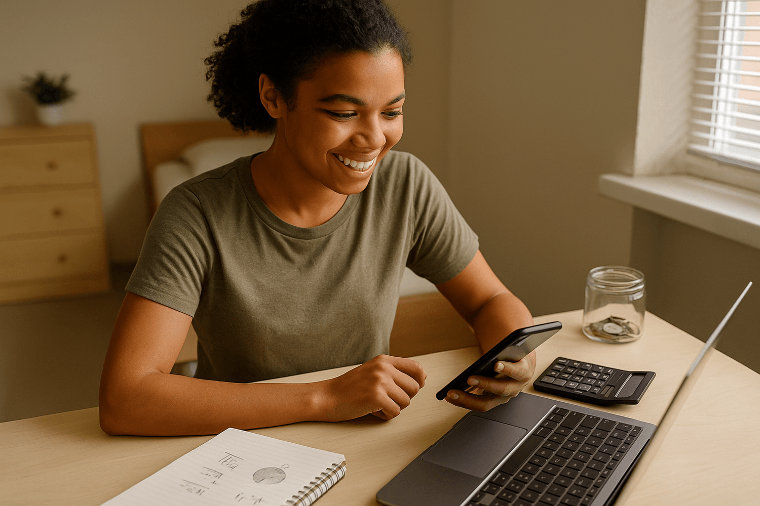 Female soldier smiling while managing finances in the barracks, using a phone and laptop with a calculator, notebook, and savings jar on the desk.