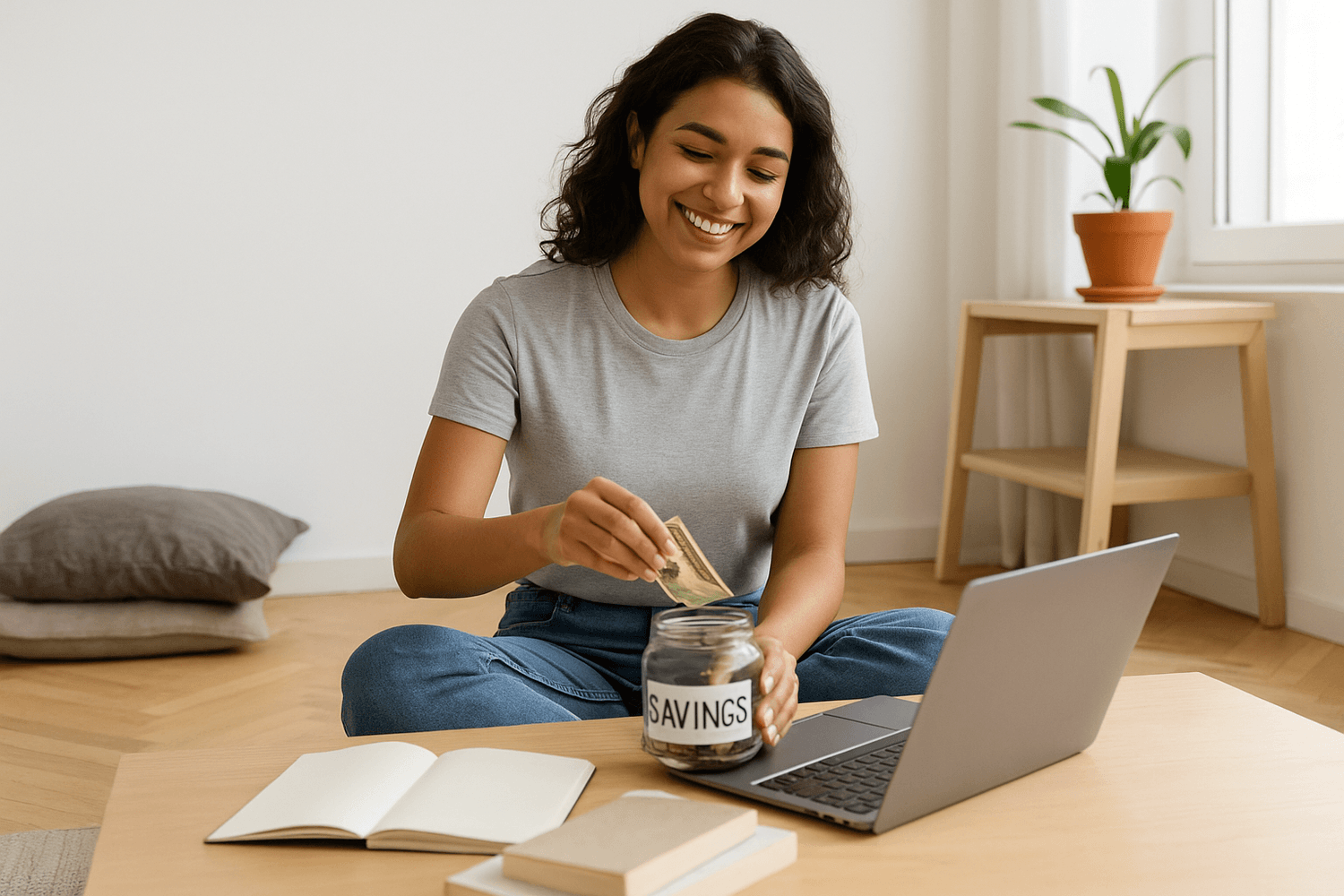 Female soldier smiling while saving money at home, putting cash into a jar labeled savings with a laptop and notebook on the table, building financial discipline while serving.
