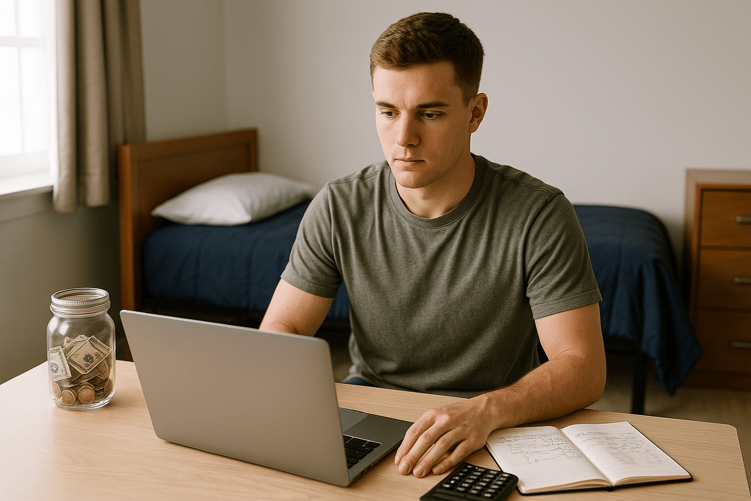Soldier in the barracks focused on budgeting at a desk with a laptop, calculator, notebook, and a jar of savings, building financial discipline while serving.