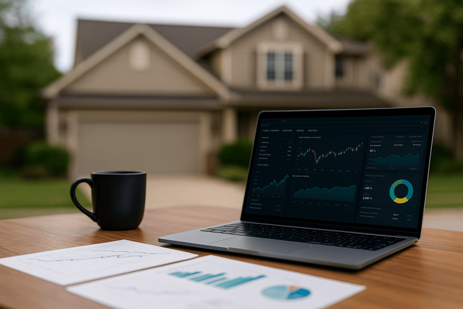 Laptop displaying stock market charts and financial graphs on a table outside a home, with printed reports and a coffee mug, symbolizing investing and building wealth while serving.