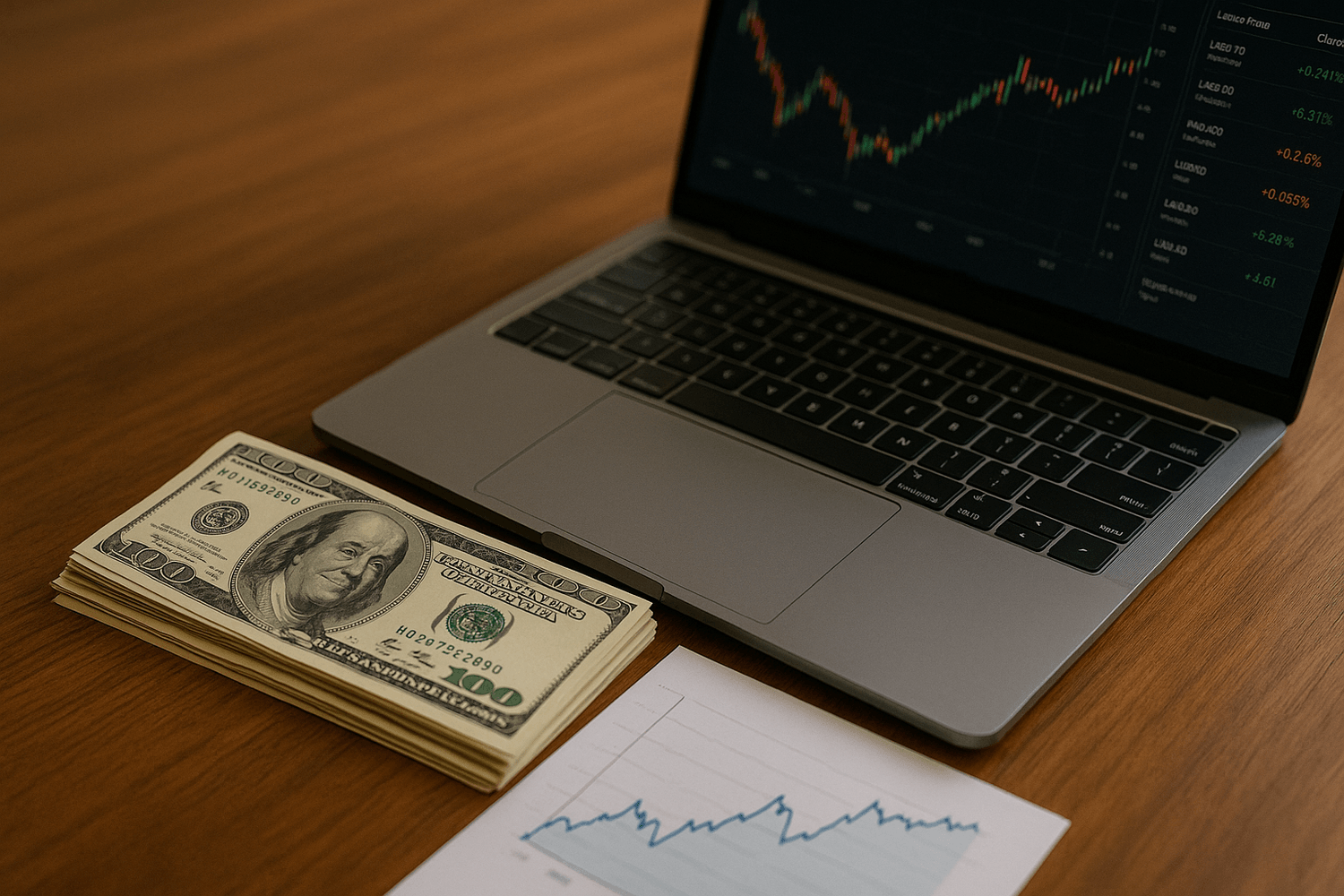 Stack of hundred-dollar bills on a desk next to a laptop showing stock market charts and a printed graph, representing investing, savings growth, and building wealth while serving.