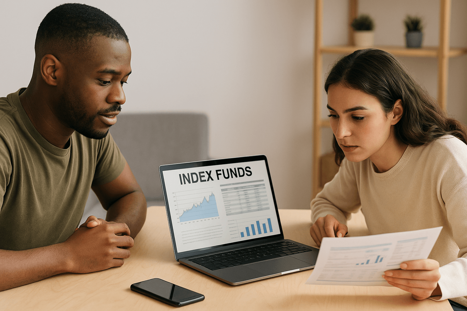 Two soldiers sitting at a desk reviewing index fund investments on a laptop and printed reports, learning about long-term wealth building while serving in the Army.