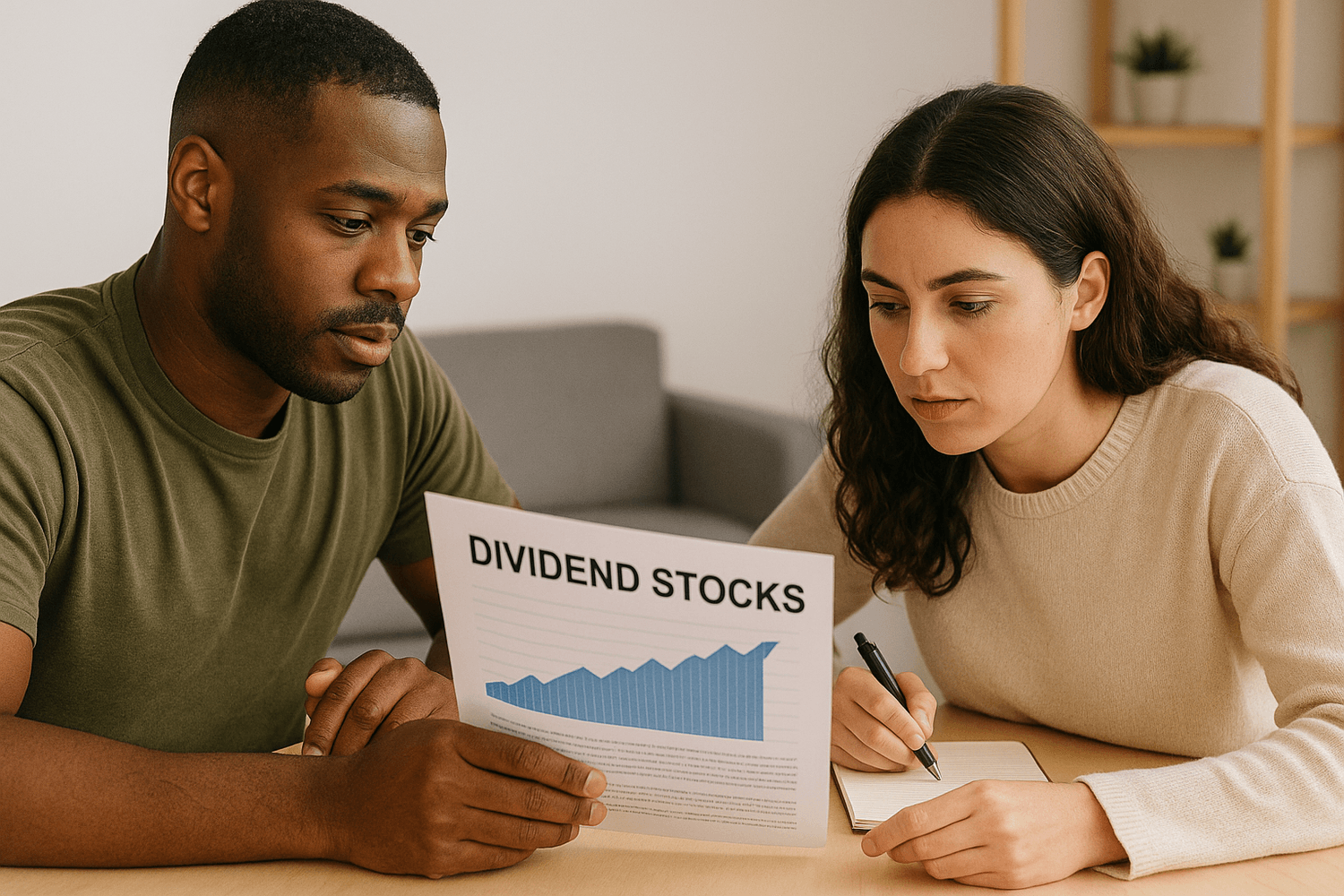 Two soldiers studying a paper labeled dividend stocks with charts, discussing investment strategies to build long-term wealth while serving in the Army.