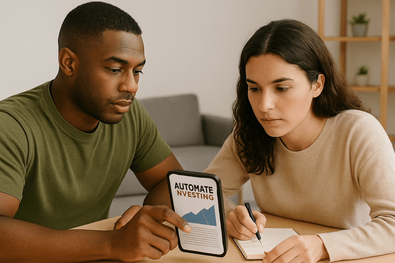 Two soldiers reviewing an article on a tablet about automating investing, taking notes and learning how to build wealth consistently while serving in the Army.