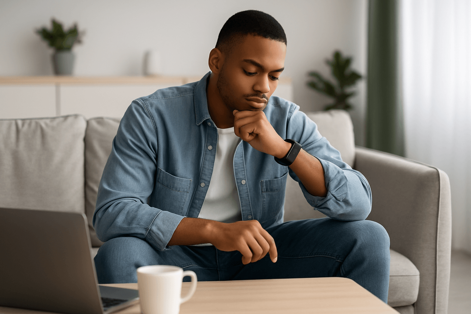 Soldier sitting on a couch at home with a laptop and coffee mug, looking thoughtful while planning his financial future and reflecting on money decisions.