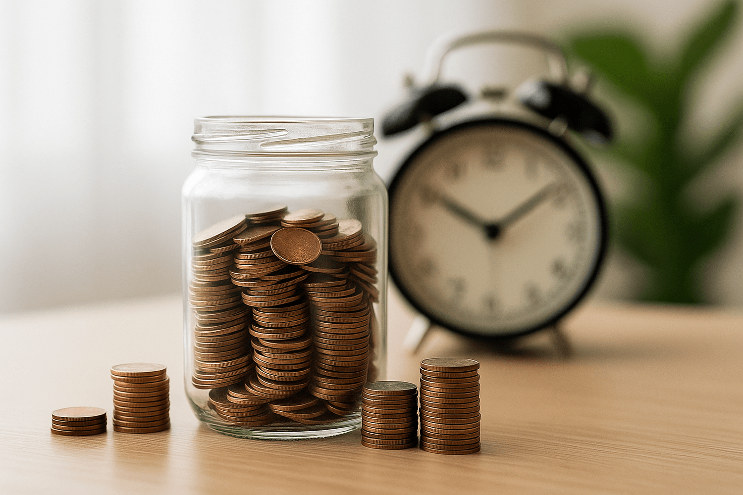 Jar filled with stacked coins beside smaller piles of change and a clock in the background, symbolizing saving money and the power of compounding over time.