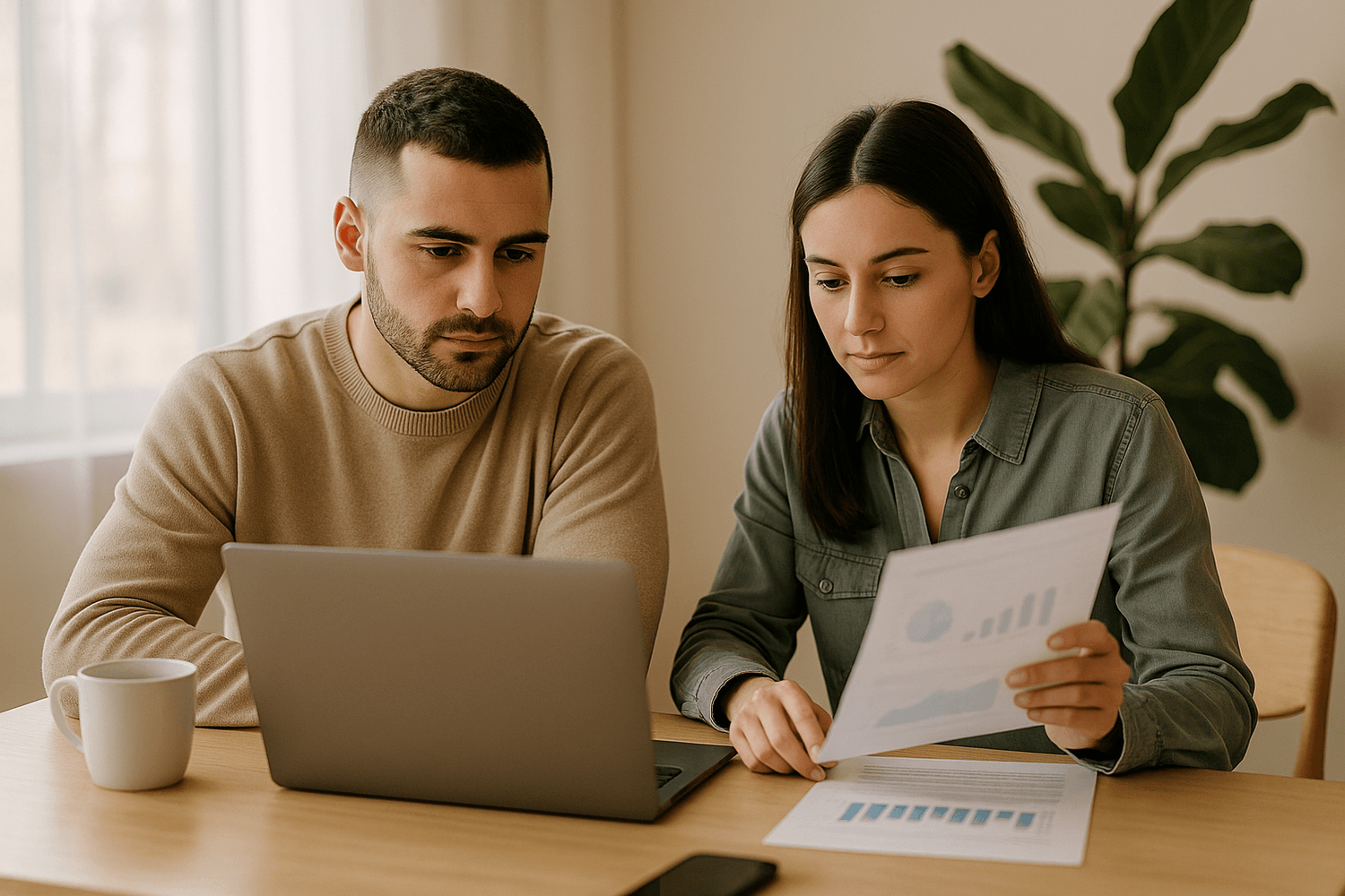 Soldier couple reviewing financial charts and documents together at a table with a laptop and coffee mug, planning investments and budgeting for long-term wealth.