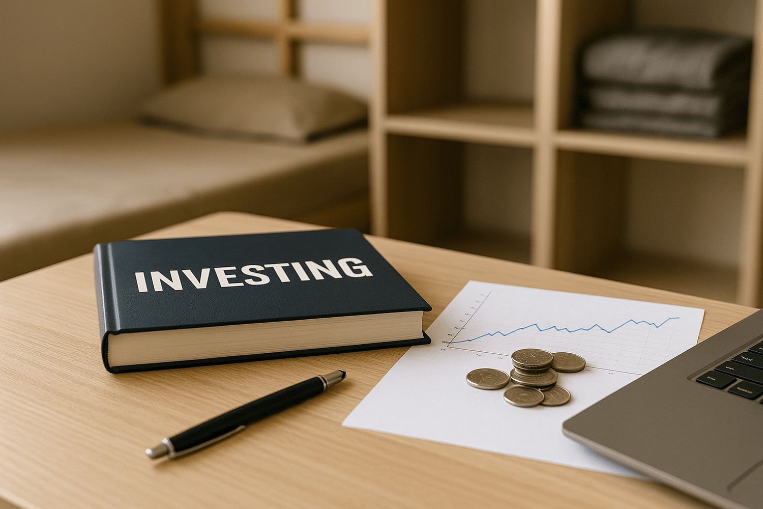 Investing book, pen, coins, and a financial growth chart on a desk in the barracks, symbolizing disciplined saving and investing for soldiers building wealth while serving.