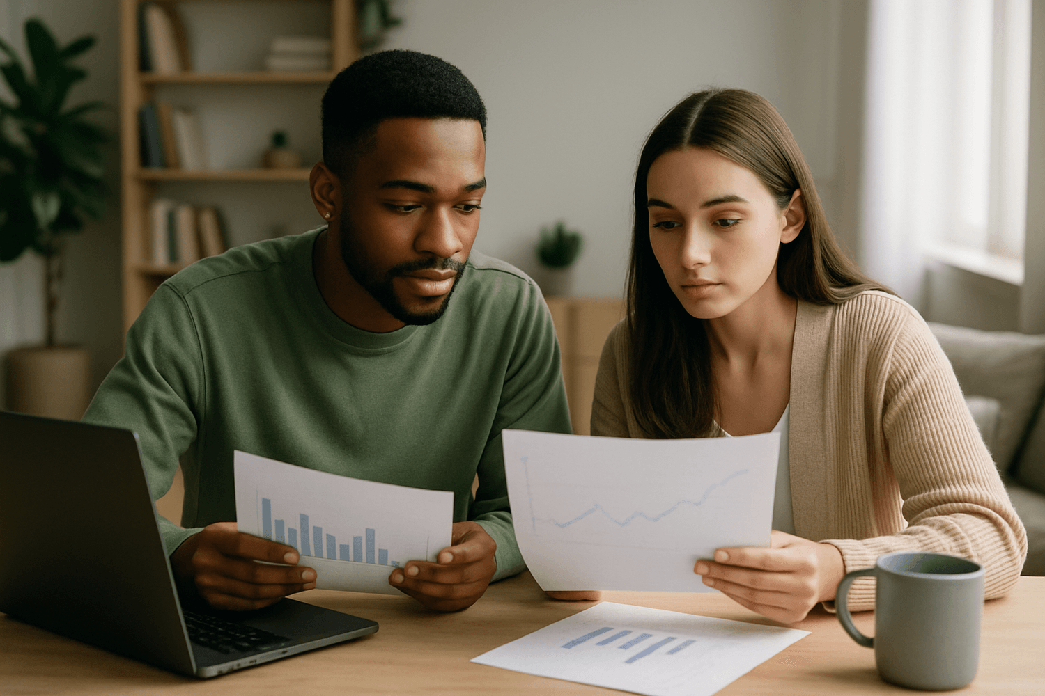 Soldier couple reviewing financial charts and documents together at a table with a laptop and coffee mug, planning investments and budgeting for long-term wealth.
