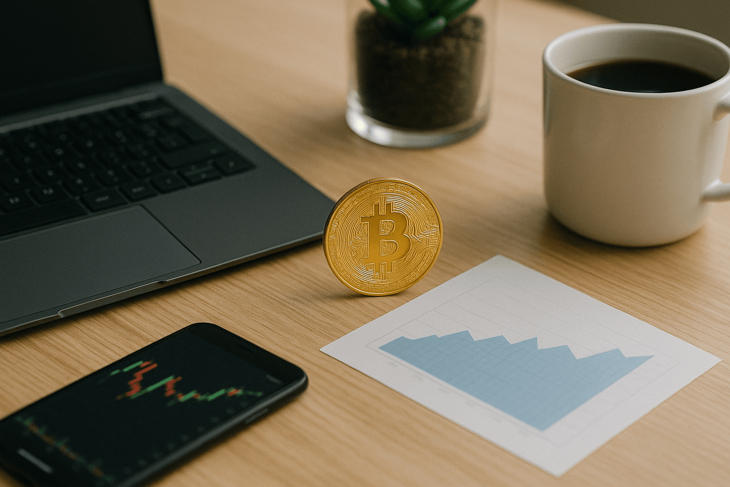 Laptop, smartphone with trading charts, coffee mug, and a golden Bitcoin token on a desk with a financial growth graph, symbolizing cryptocurrency investing and wealth building.