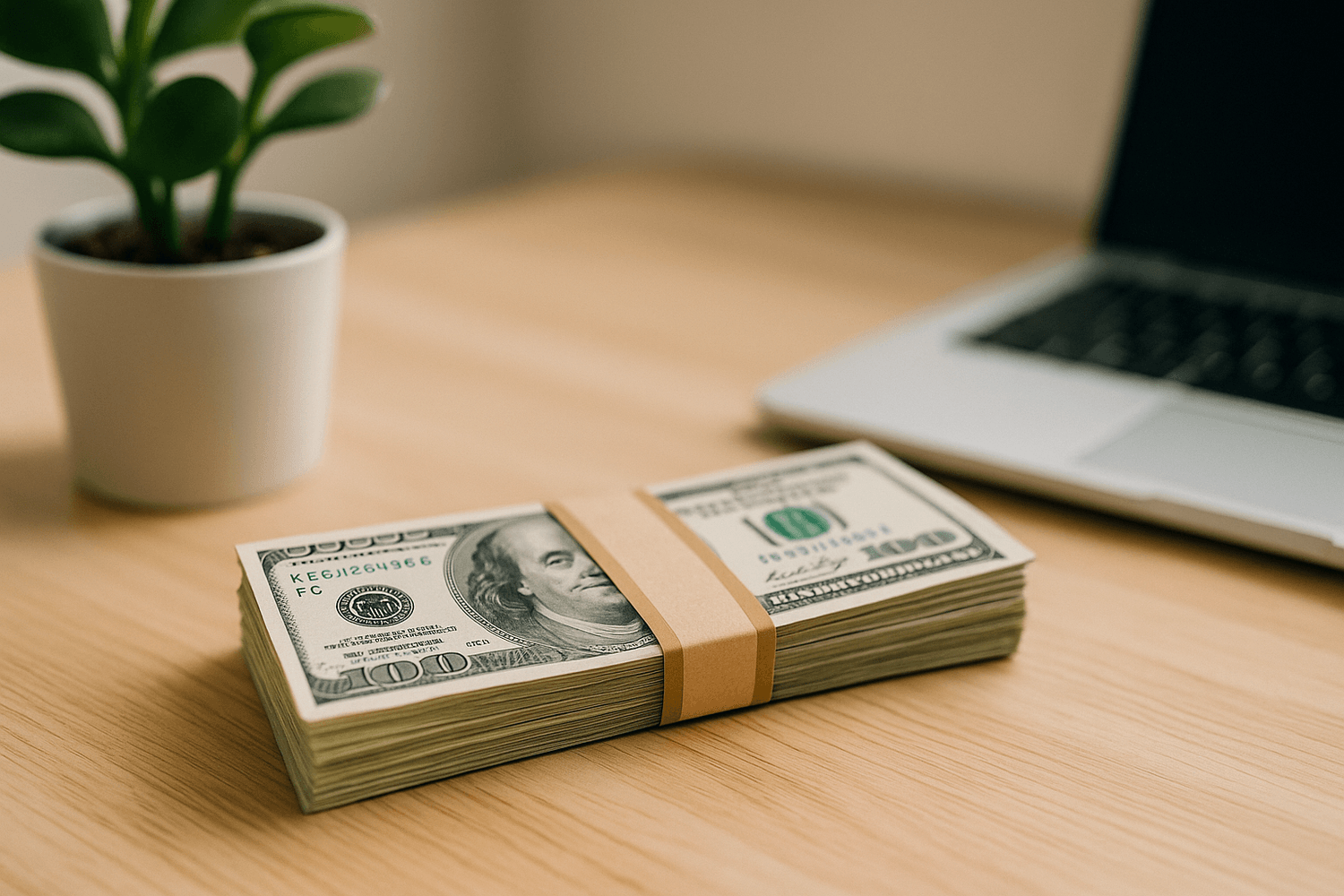Stack of hundred-dollar bills on a desk beside a laptop and plant, symbolizing savings, financial growth, and building wealth while serving in the Army.