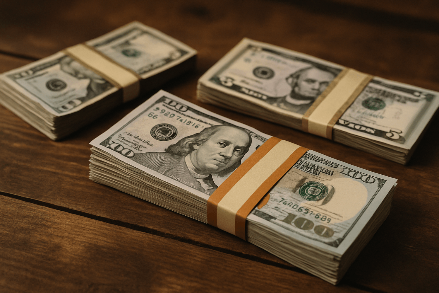 Stacks of U.S. dollar bills on a wooden table, including hundreds and fives, representing savings, cash flow, and building wealth through discipline and smart money management.