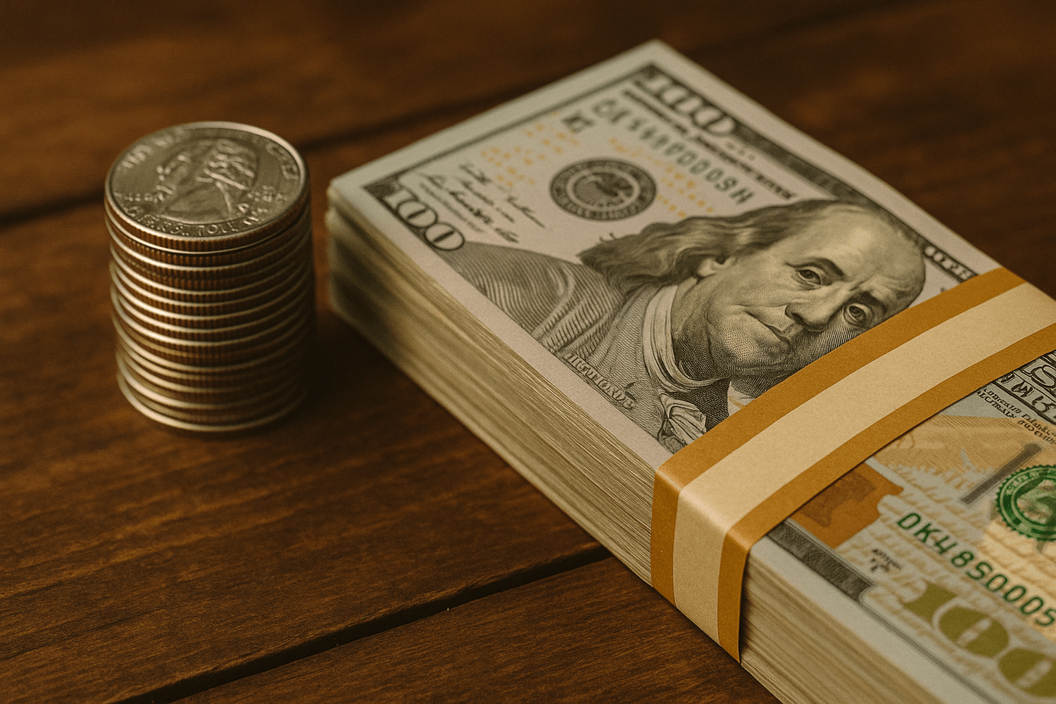 Stack of hundred-dollar bills and a pile of quarters on a wooden table, representing disciplined saving, cash growth, and building wealth over time.
