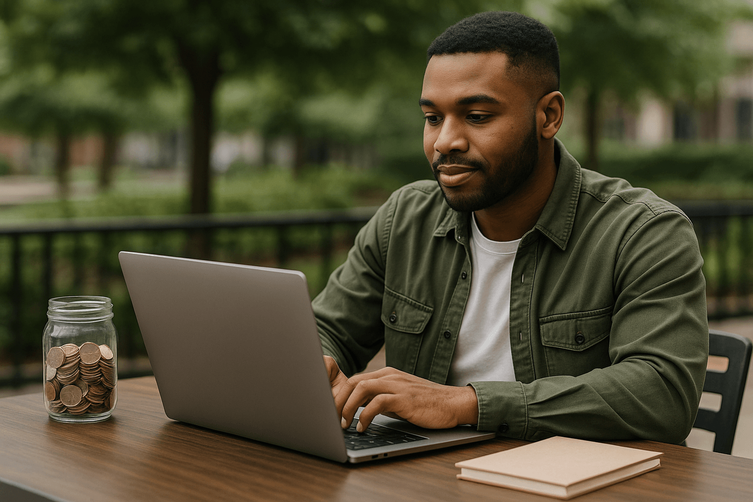 Soldier working on a laptop outdoors with a jar of coins beside him, symbolizing saving money, financial discipline, and building wealth while serving in the Army.