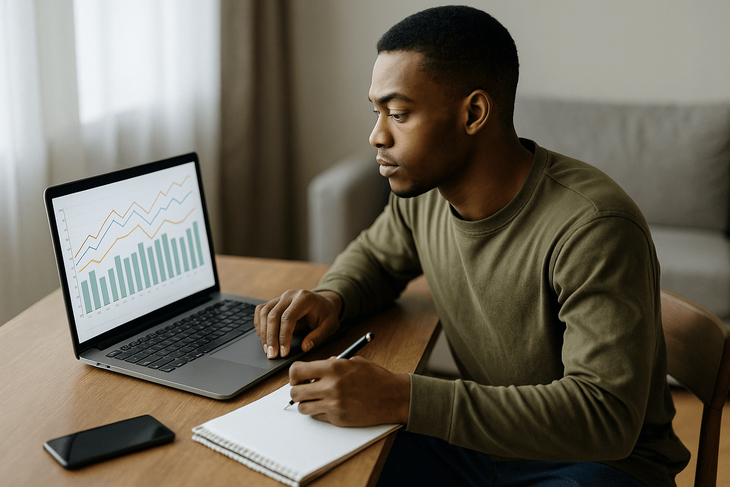 Focused soldier reviewing charts and graphs on a laptop while taking notes in a notebook, symbolizing financial planning, tracking investments, and building wealth with discipline.