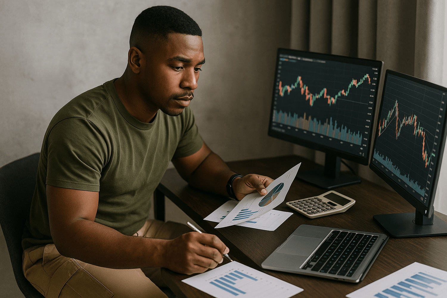 Soldier writing notes while working on a laptop with a jar of cash savings in the foreground, symbolizing financial discipline and building wealth during service.