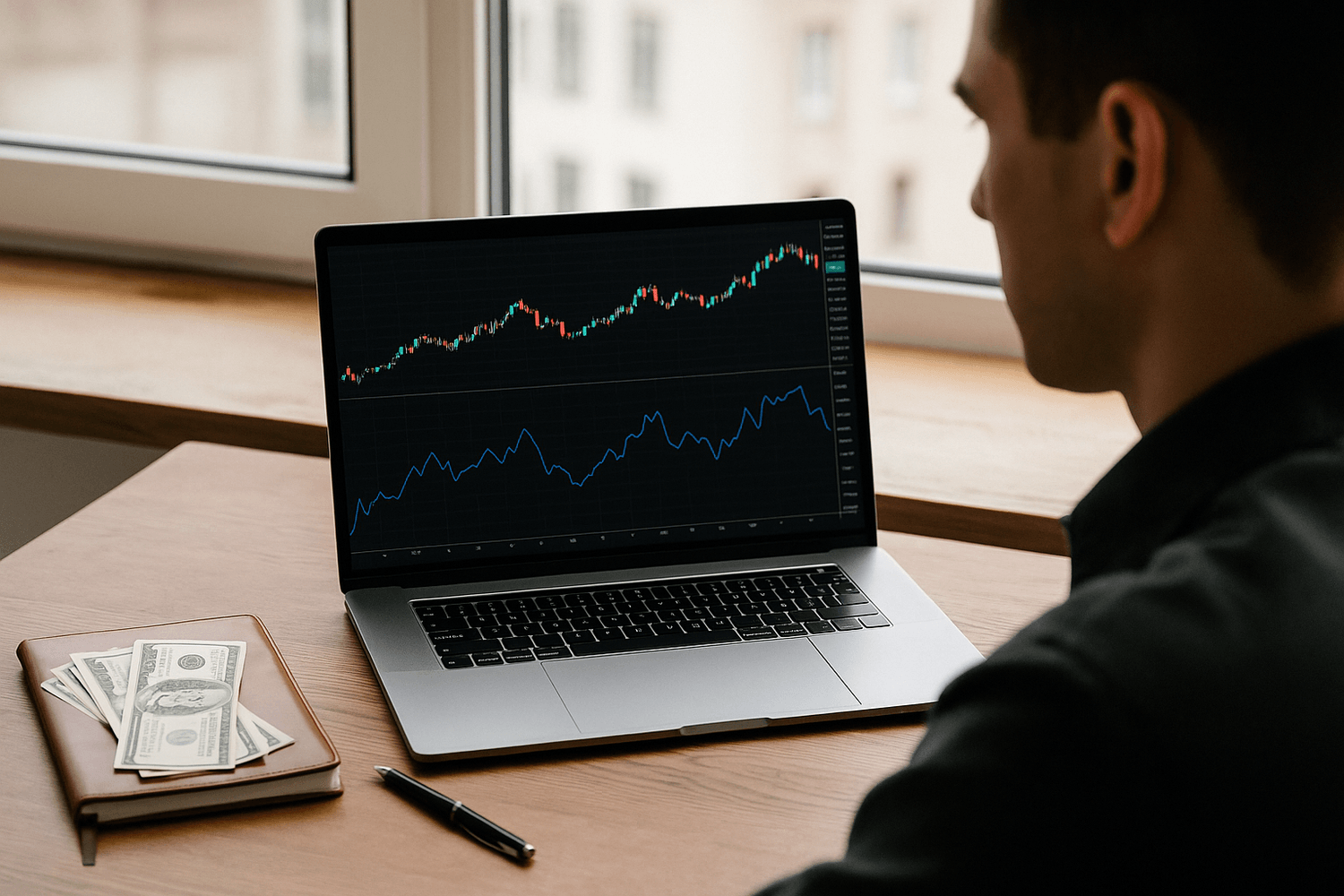 Man reviewing stock charts on a laptop at a desk with cash and a notebook nearby, symbolizing smart financial planning and investment management.