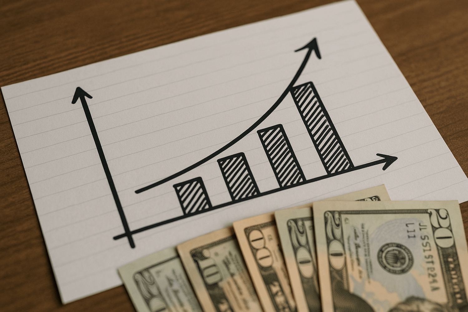 Hand-drawn bar chart with an upward trend arrow on paper, placed beside cash bills, representing financial growth and wealth building.