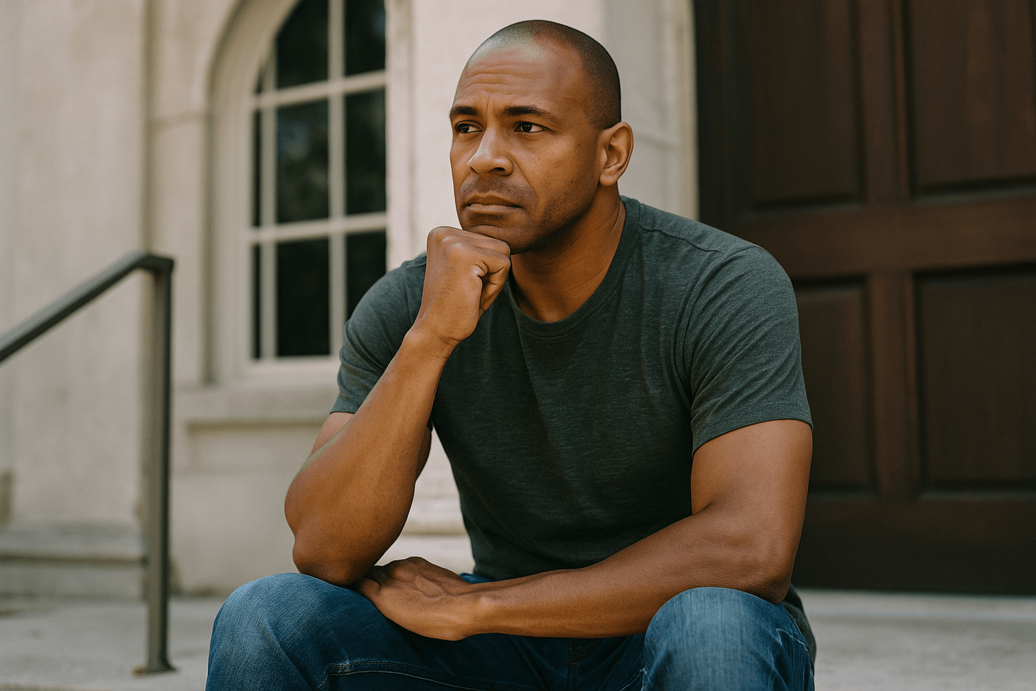 Man sitting outside on steps with a thoughtful expression, resting his chin on his hand while deep in contemplation.