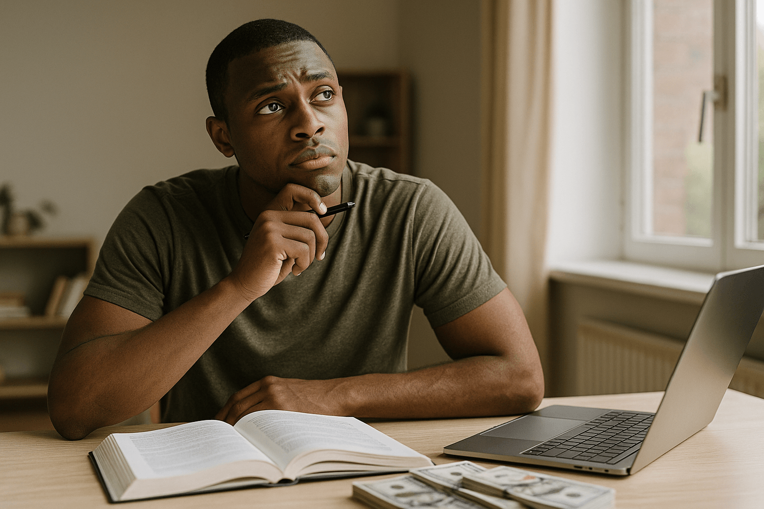 Man sitting at a desk with an open book, laptop, and cash, holding a pen to his chin while looking upward in deep thought.